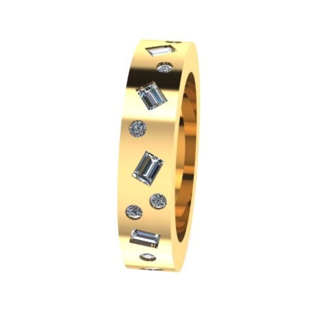 Gold ring with embedded diamond accents on a white background
