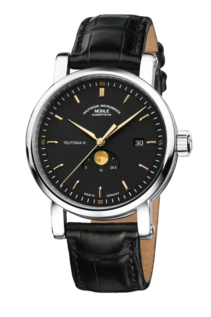 Black analog wristwatch with silver case and black leather strap on white background