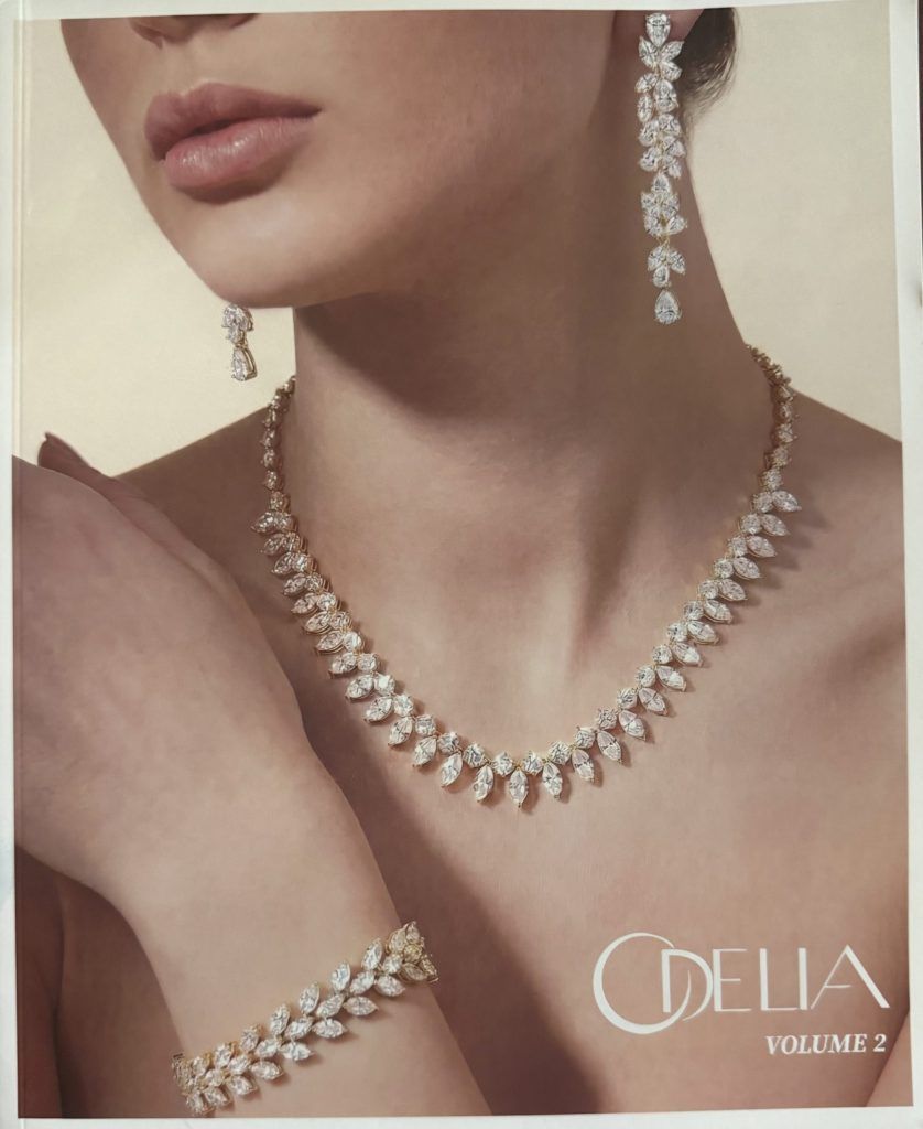 Model wearing a diamond necklace, bracelet, and earrings in a jewelry advertisement.