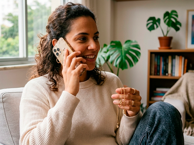 Woman on a couch smiling while talking on a phone in a bright living room with plants and a bookshelf.