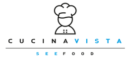 Logo di Cucinavista Seafood con icona di un cappello da chef e testo blu su sfondo bianco.