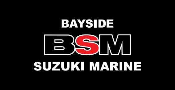 A logo for bayside bsm suzuki marine on a black background