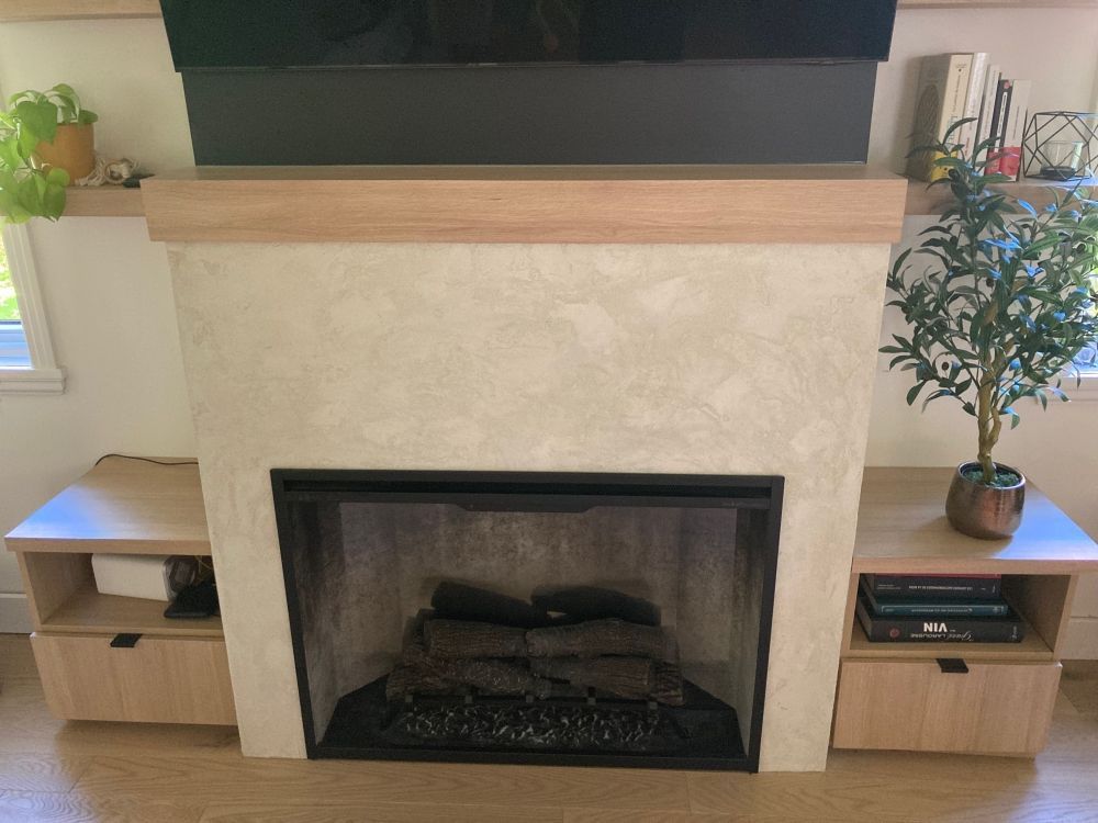 A fireplace in a living room with a plant in front of it.