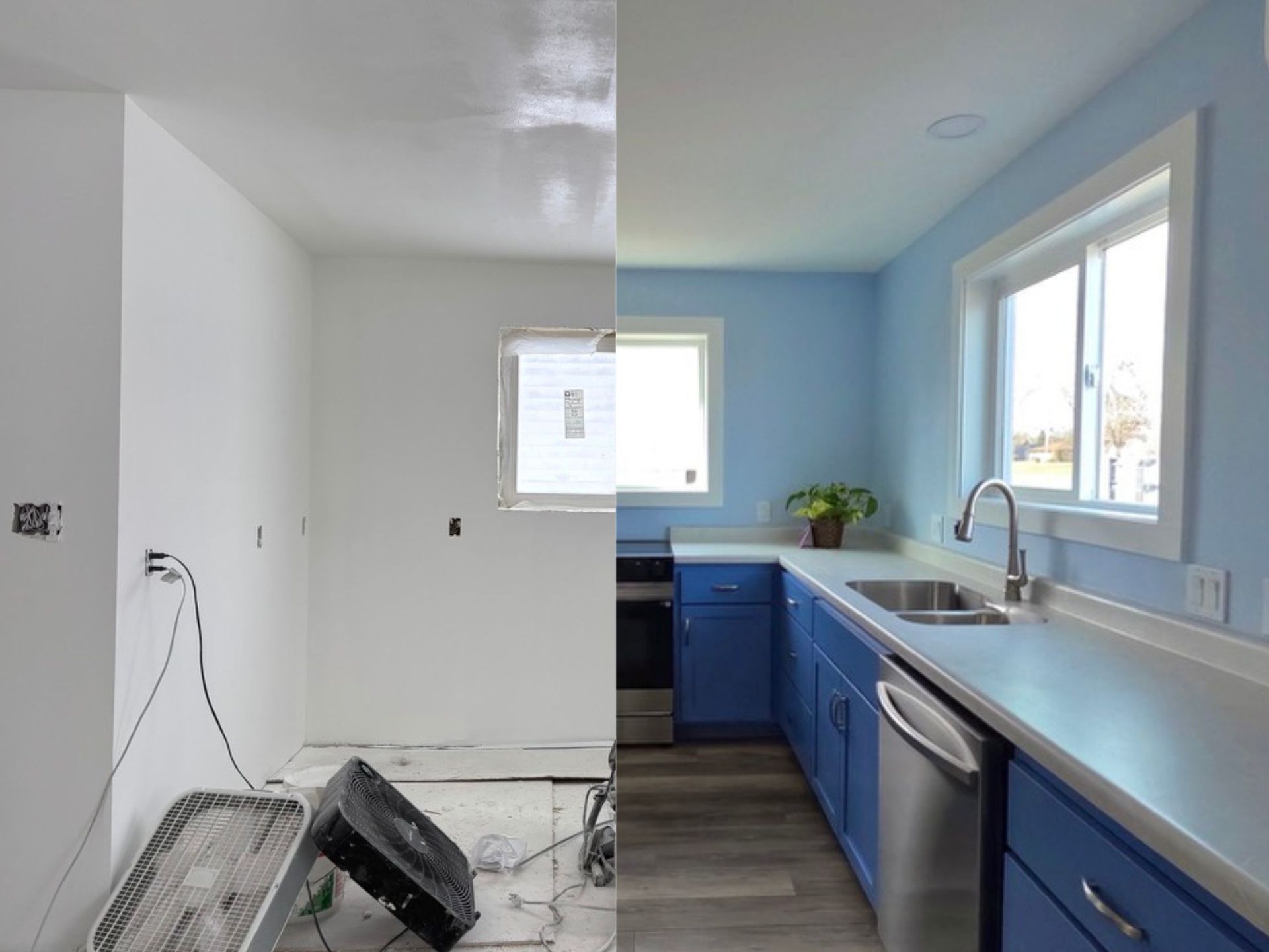 Kitchen under renovation with blue cabinets, white counters, and a bare wall on the left.