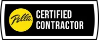 A rectangular Pella Certified Contractor badge with a yellow Pella logo on the left and white text on a black background.