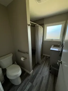 A bathroom featuring a toilet with a grab bar, a shower with a white curtain, and a sink vanity under a frosted window.