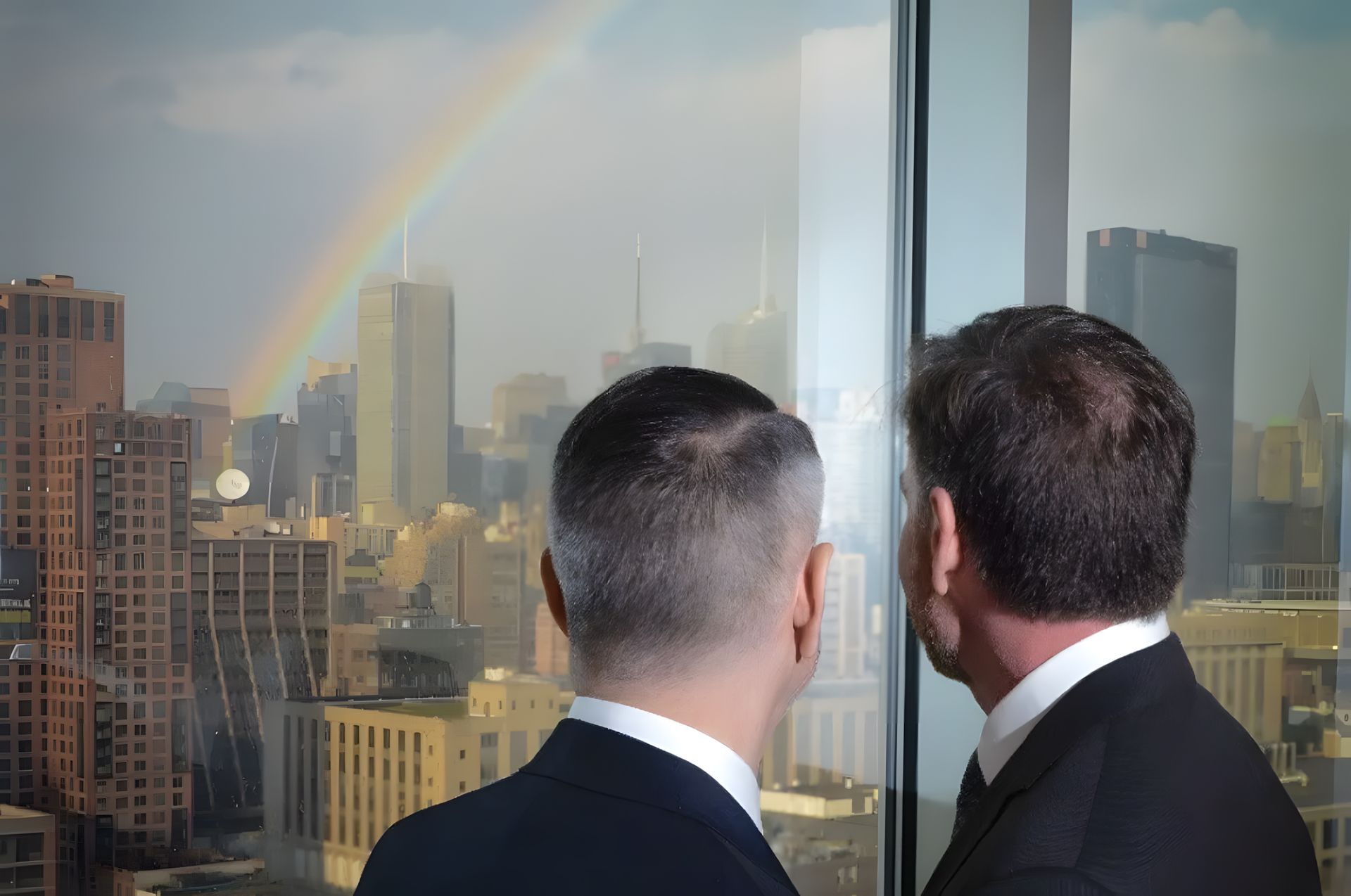 Two men are looking out a window at a rainbow over a city