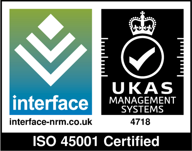 Interface NRM certification logo featuring the UKAS crown symbol and the text ISO 45001 Certified.