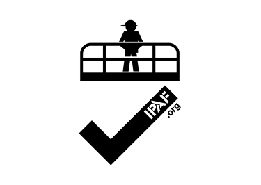 A black icon of a person standing in a work platform with a checkmark symbol containing the text IPAF.org.