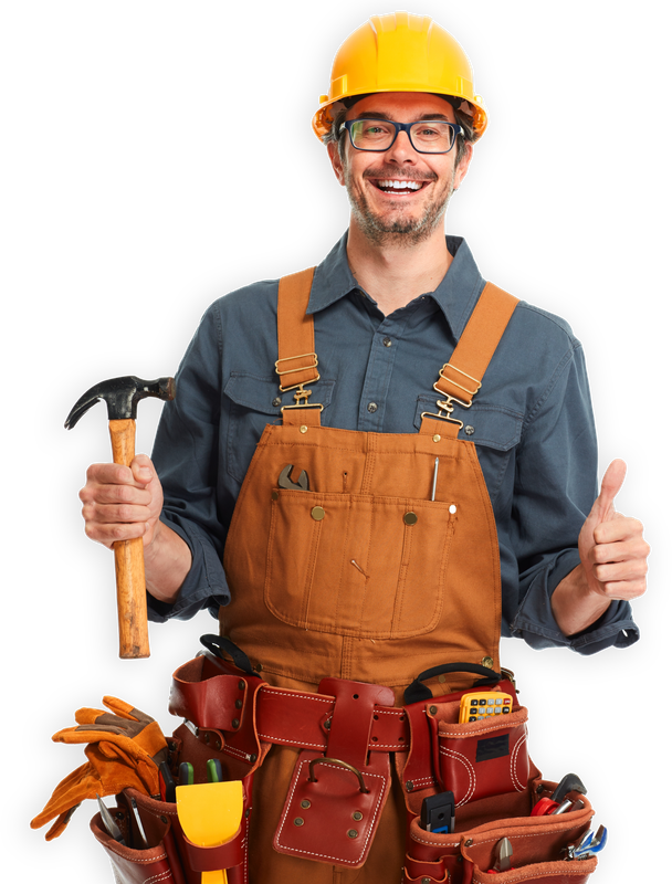 Smiling construction worker in hard hat and orange overalls holding a hammer and giving a thumbs up.