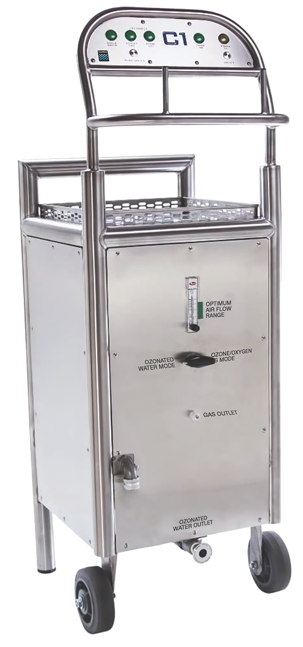 ClearWater Tech C1 mobile ozone cart providing ozone‑enriched water for surface sanitation with built‑in oxygen system