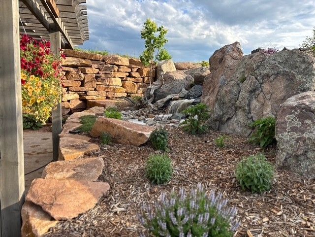A rocky garden landscape with a small waterfall, stone retaining walls, mulch, and several small plants.