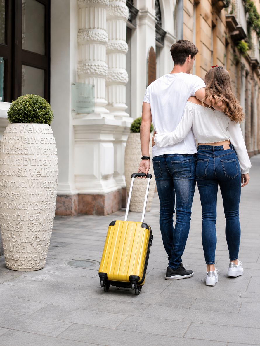 Two people walking away on a city sidewalk, one pulling a yellow suitcase, beside ornate buildings