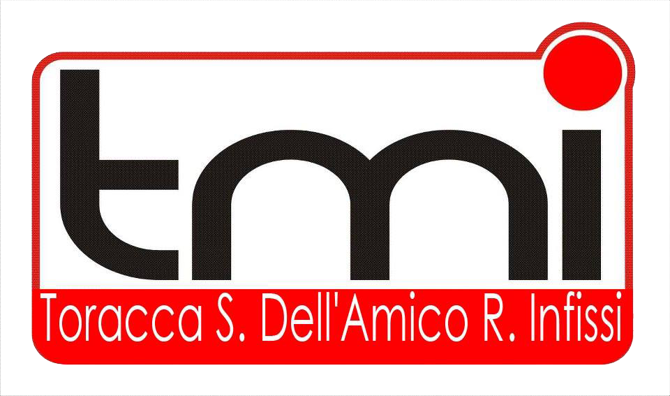 Logo con la scritta «tmi» in nero e rosso, con la dicitura «Toracca S. Dell’Amico R. Infissi» in piccolo sotto.
