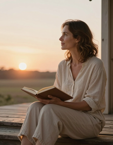 Woman sitting on a porch step with a journal, looking toward a sunrise