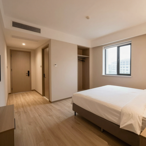 Camera da letto moderna con letto, pavimento in legno, armadio a muro, finestra e porta in tonalità neutre.