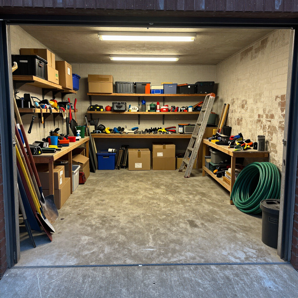 Officina in garage con attrezzi, scaffali, scatole e un tubo verde arrotolato sotto luci fluorescenti