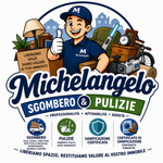 Logo di Michelangelo Sgombero & Pulizie con personaggio sorridente, camion e strumenti per pulizie e sgombero.