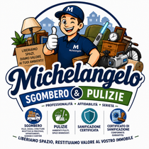Logo di Michelangelo Sgombero & Pulizie con personaggio sorridente, camion e strumenti per pulizie e sgombero.