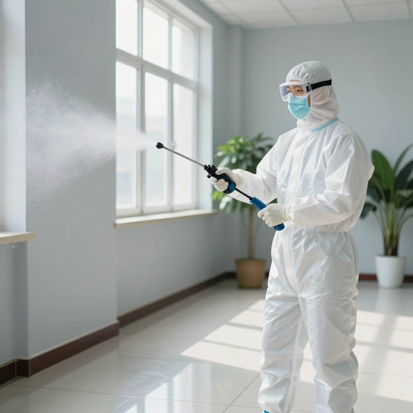 Un operaio con tuta protettiva bianca spruzza disinfettante in una stanza luminosa.