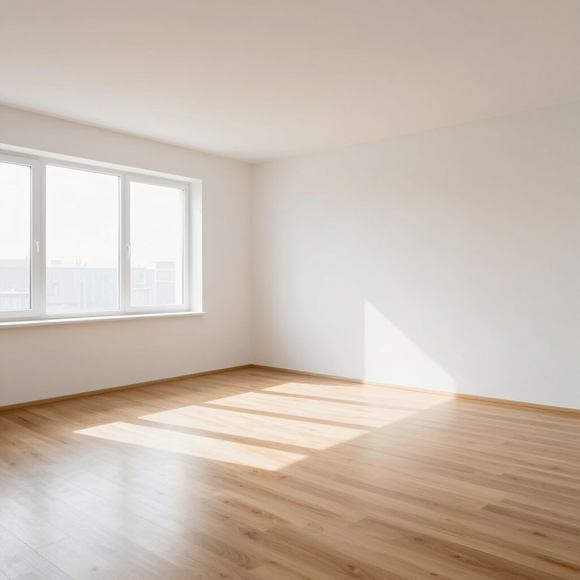 Stanza vuota e luminosa con pareti bianche, pavimento in legno e una grande finestra che proietta la luce sul pavimento