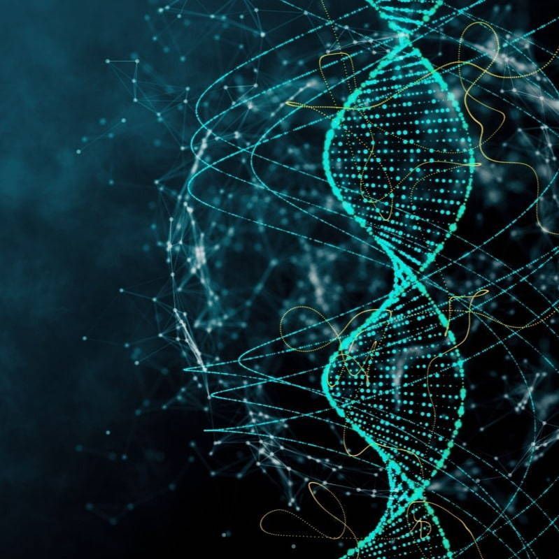 A computer generated image of a dna strand on a dark blue background.