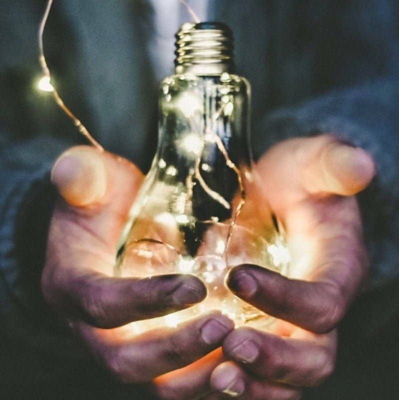 A person is holding a light bulb in their hands