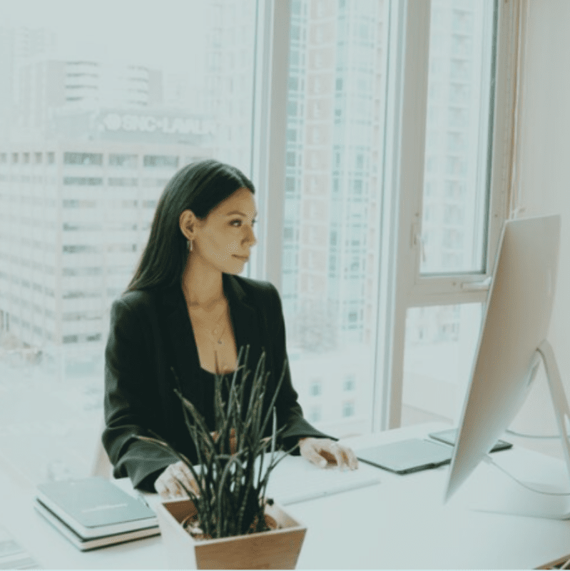 A woman is sitting at a desk in front of a computer