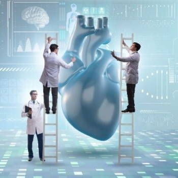 A group of doctors are working on a large heart.
