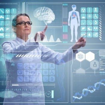 A woman in a lab coat is using a futuristic screen.
