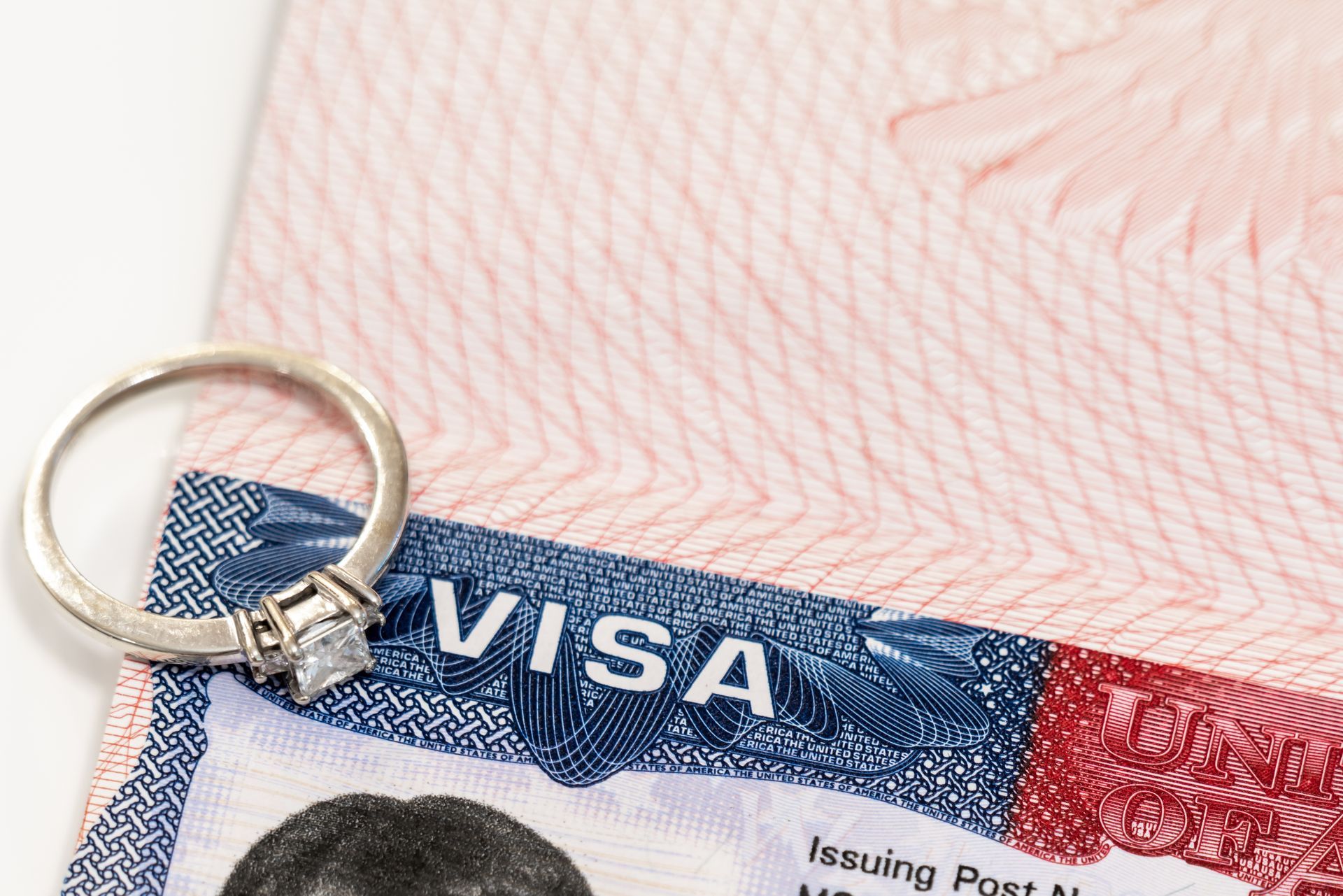 Wedding ring on a VISA document, implying marriage and travel to a destination.