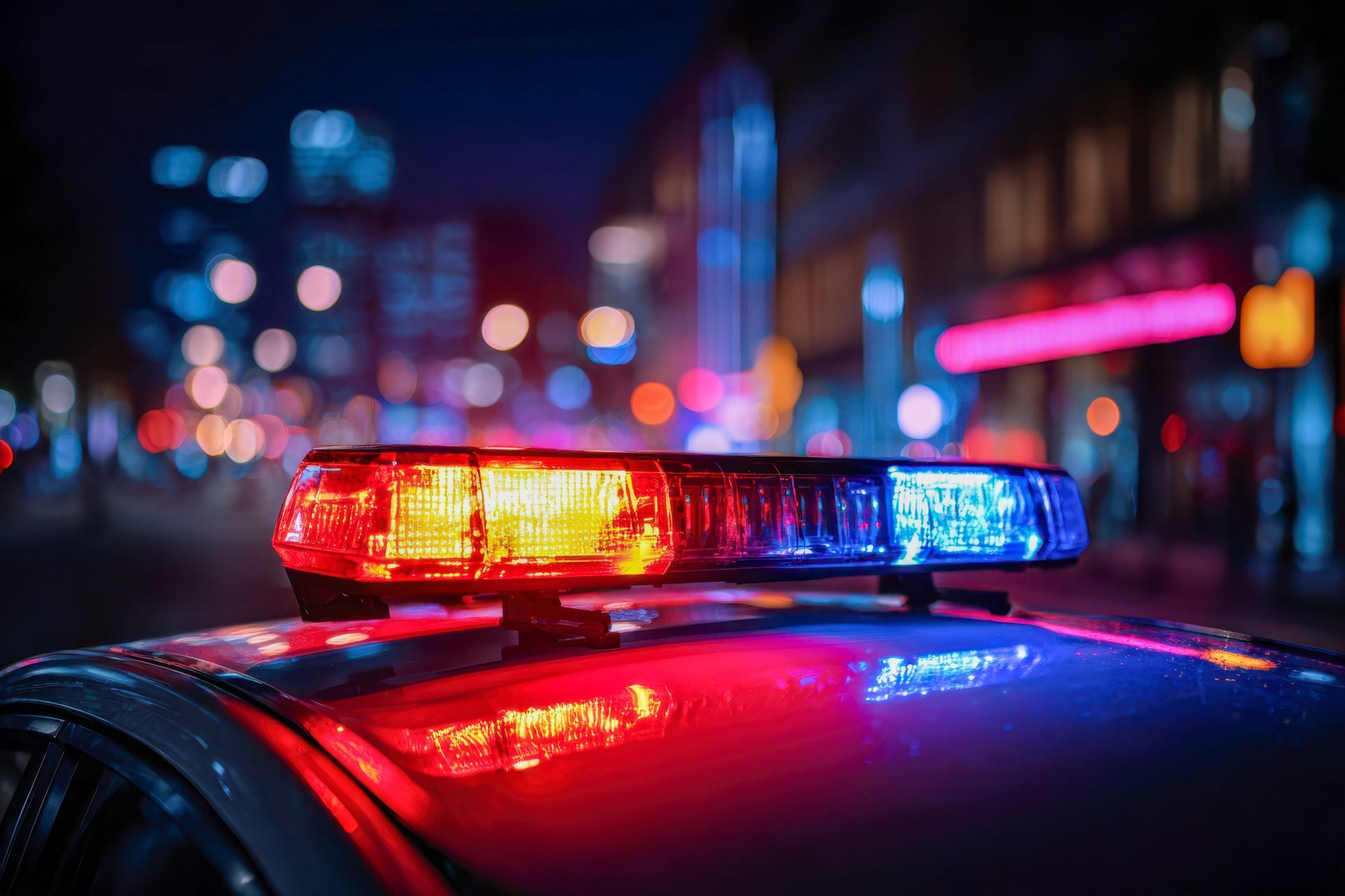 Close-up of a police car roof with flashing red and blue emergency lights at night against a blurred city street background.