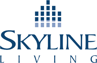 A logo for skyline living with a building in the background