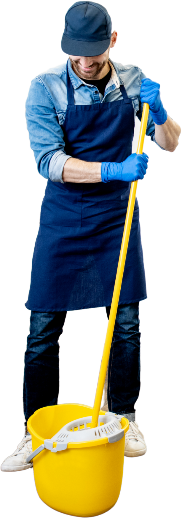 A man is cleaning the floor with a mop and bucket.