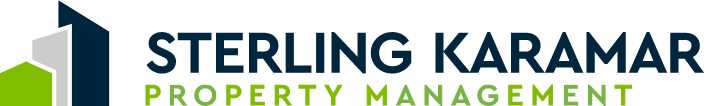 The logo for sterling karamar property management is blue and green.