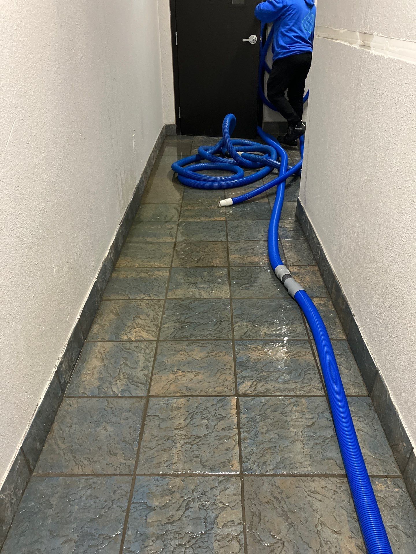 Two blue fans are sitting on the floor of a room.