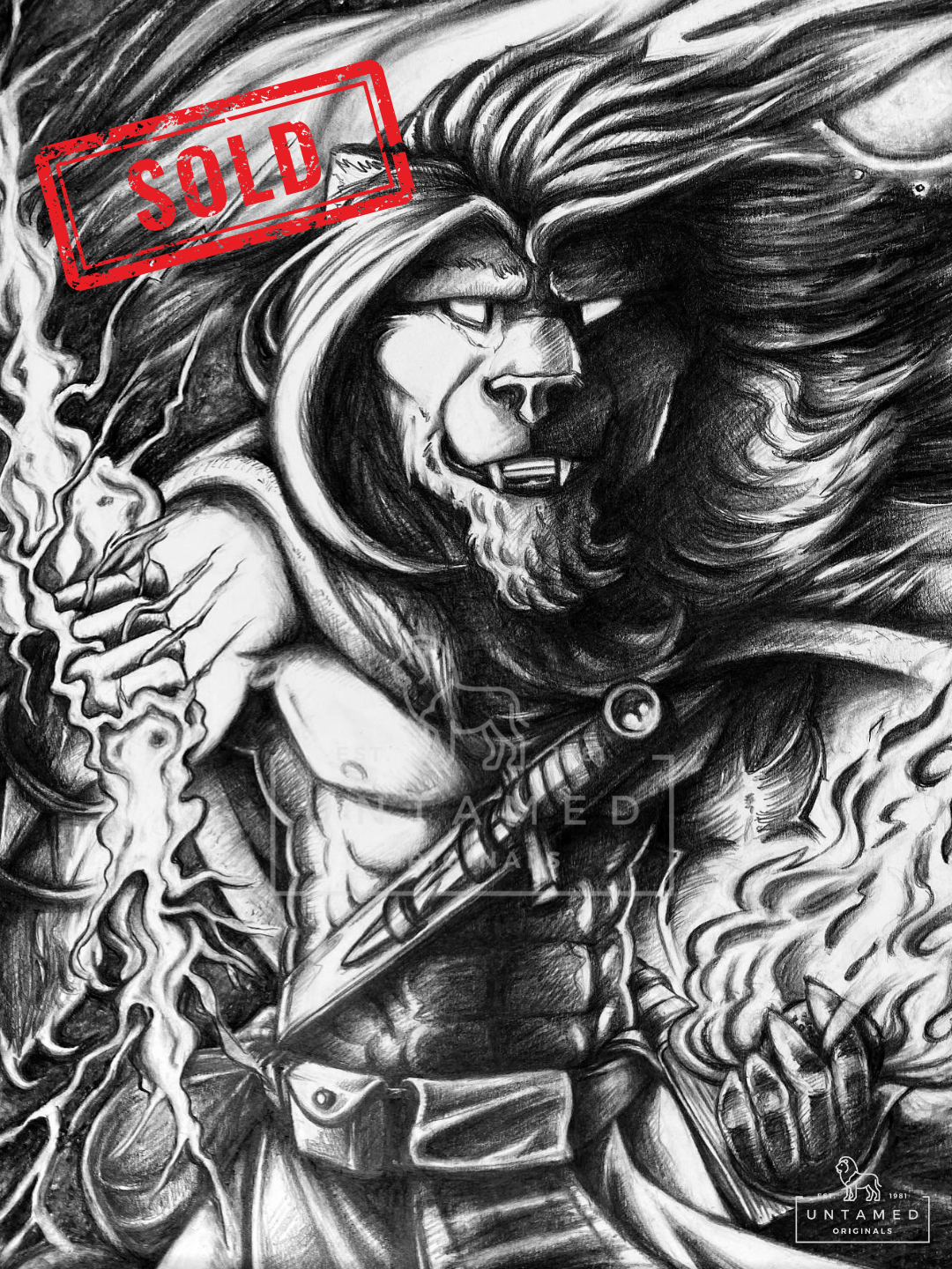[Sold] Embermane – Original Charcoal & Ink Fantasy Lion Warrior (18x24)