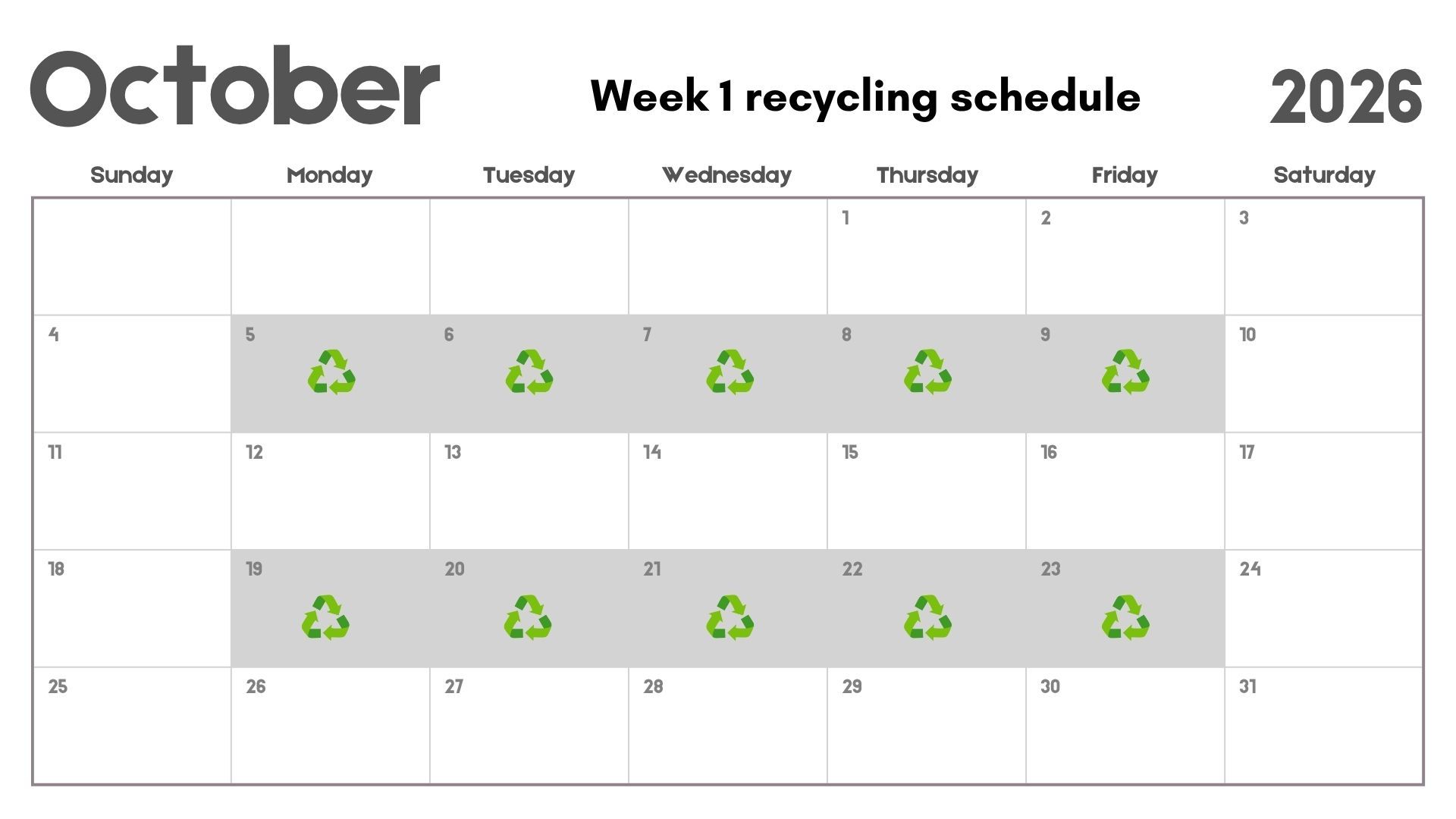 October 2026 recycling pickup schedule