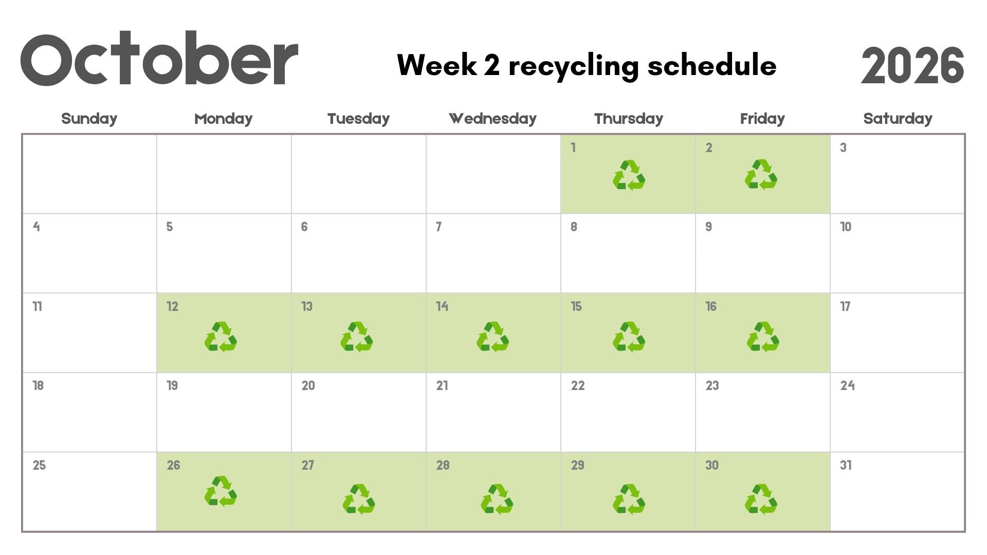 October 2026 recycling pickup schedule