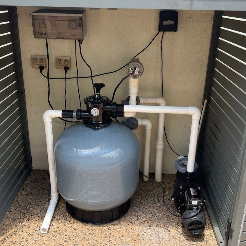 Pool filter system with a tank, pump, and electrical components — Friendly Pool & Spa Care in Palmerston, NT