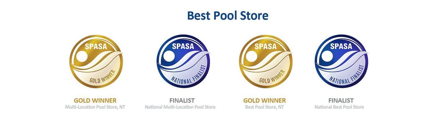 “Best Pool Store” graphic with four circular gold and blue award-style badges on a white background