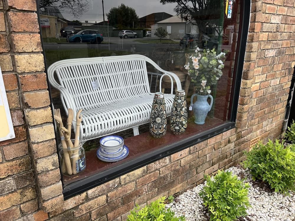Window Display Featuring a White Wicker Bench — Clancy's Office And  Emporium in Taree, NSW