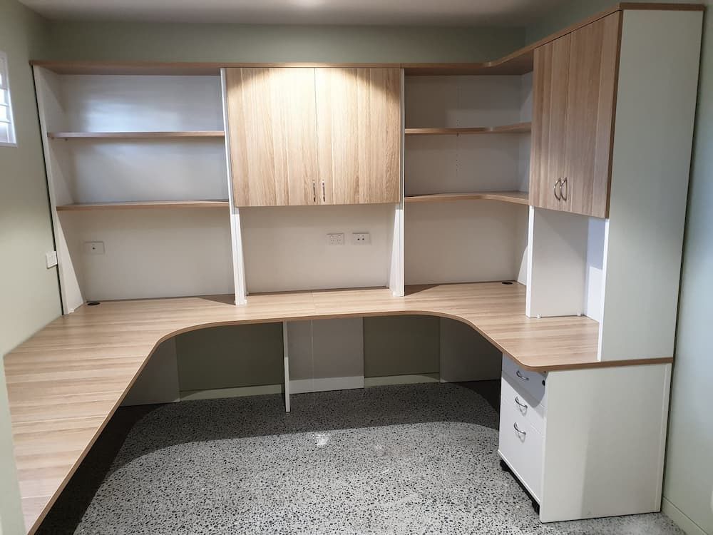 A Custom Fit-out Office Desk With Shelving and Cabinets — Clancy's Office And  Emporium in Taree, NSW