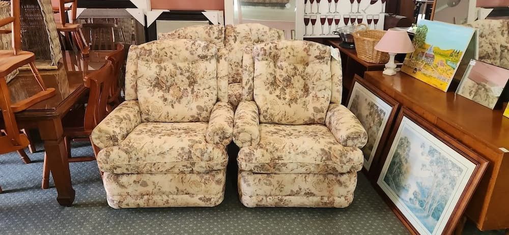 Two Patterned Antique Armchairs Are in a Shop — Clancy's Office And  Emporium in Taree, NSW