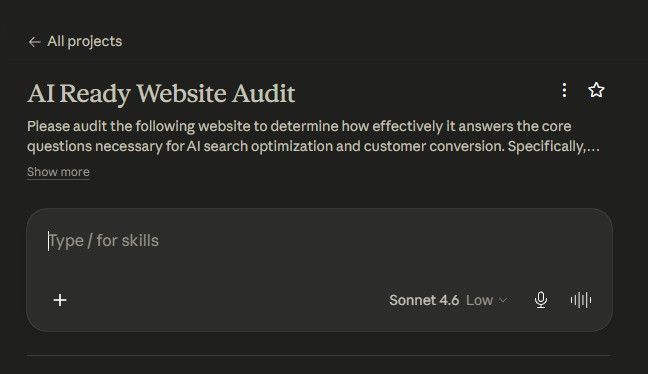Dark-themed “AI Ready Website Audit” page with a prompt box labeled “Type / for skills” and a model selector.