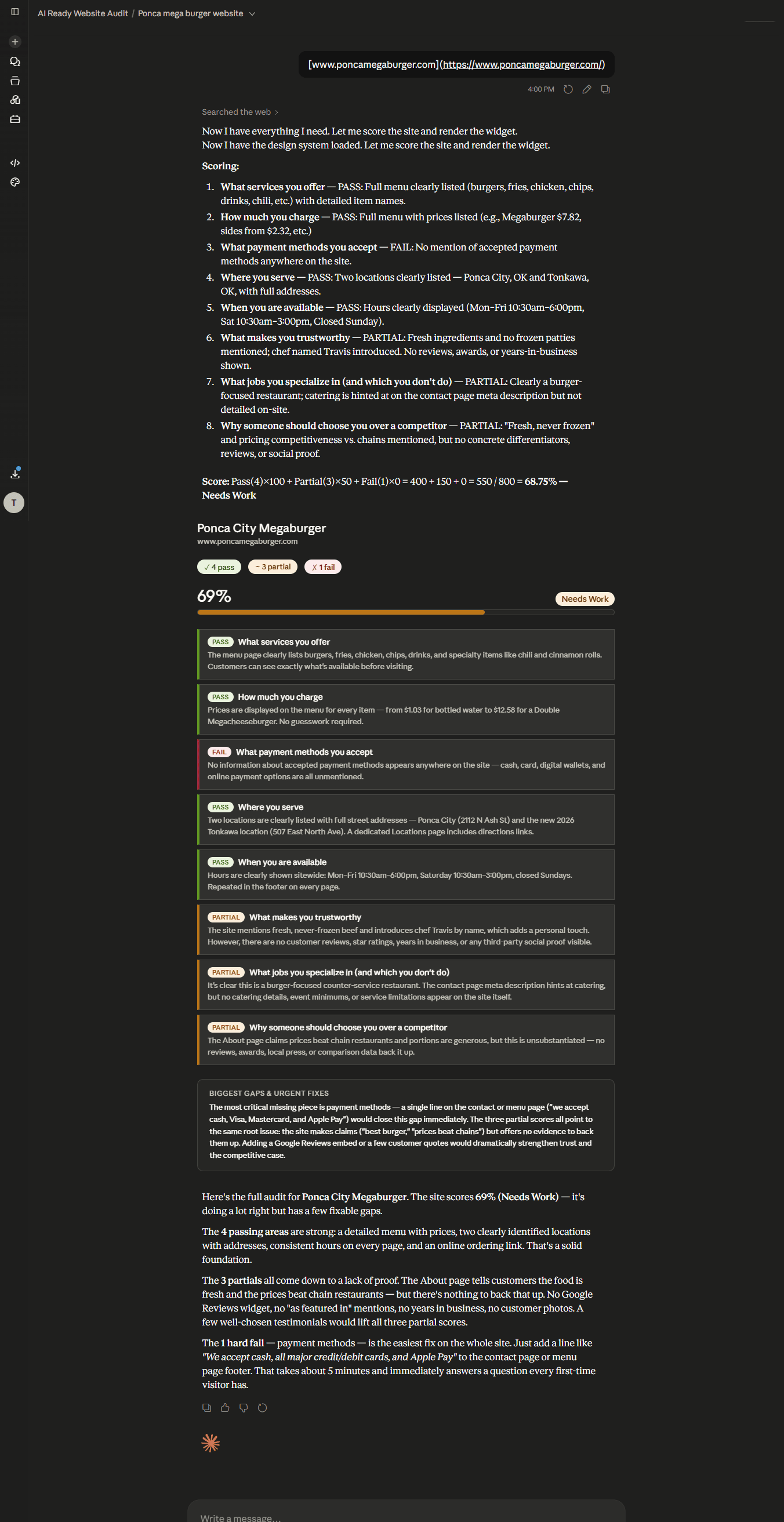 Dark-mode webpage showing a long text AI audit thread.