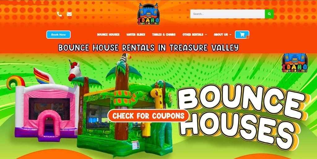 The website for bounce houses shows a bunch of inflatable houses.