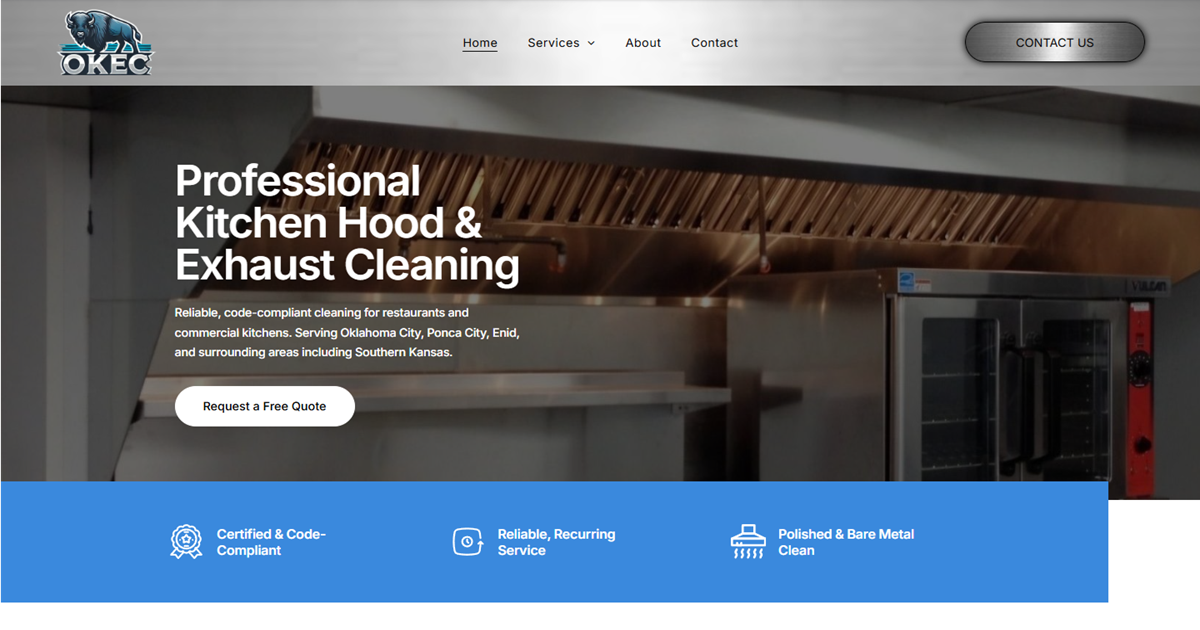 A screenshot of a website for professional kitchen hood and exhaust cleaning.
