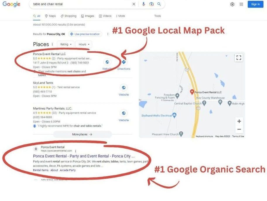 Screenshot showing a Google search result with a local map pack and organic search result highlighted.