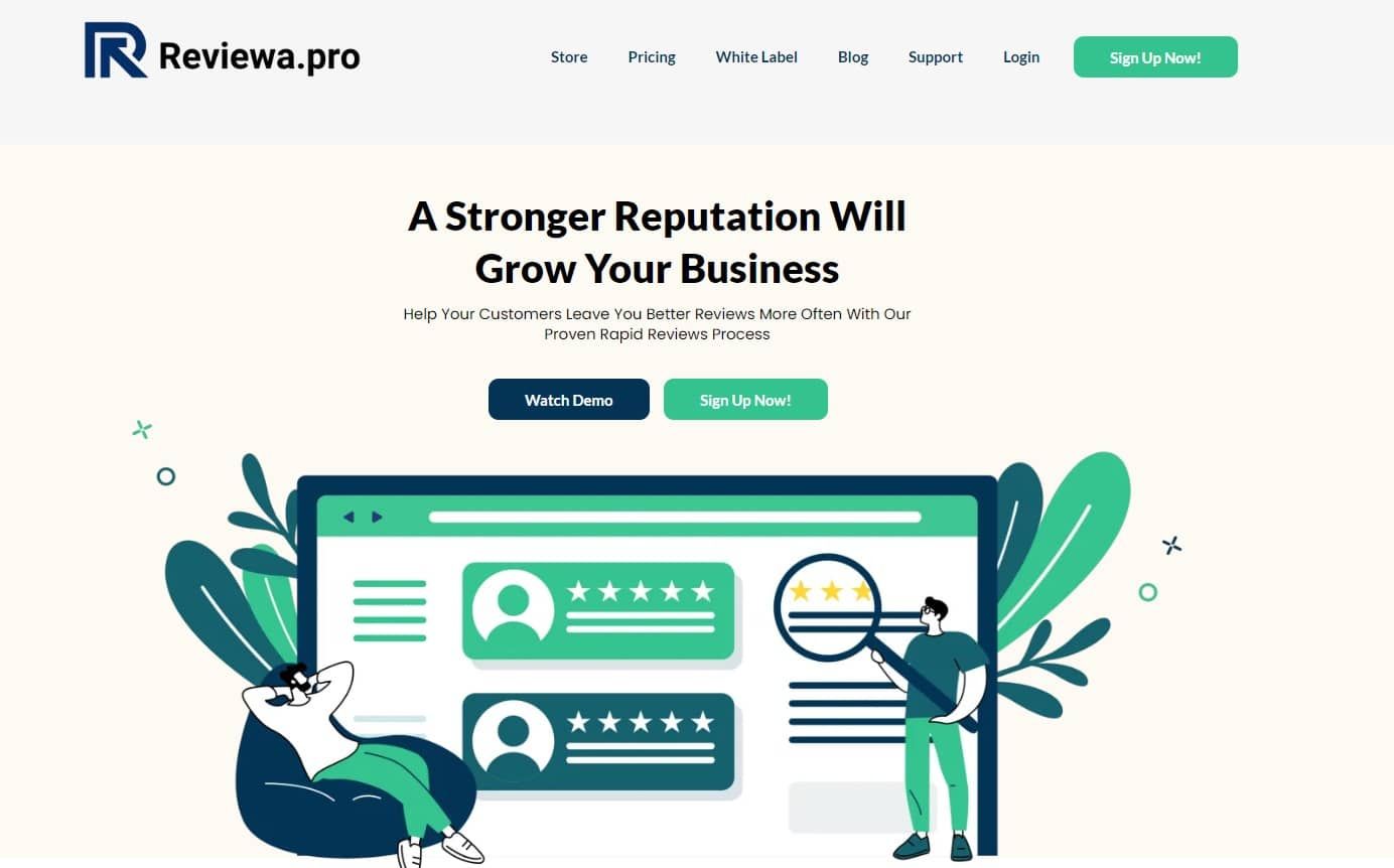 A screenshot of the homepage of a website that says a stronger reputation will grow your business.